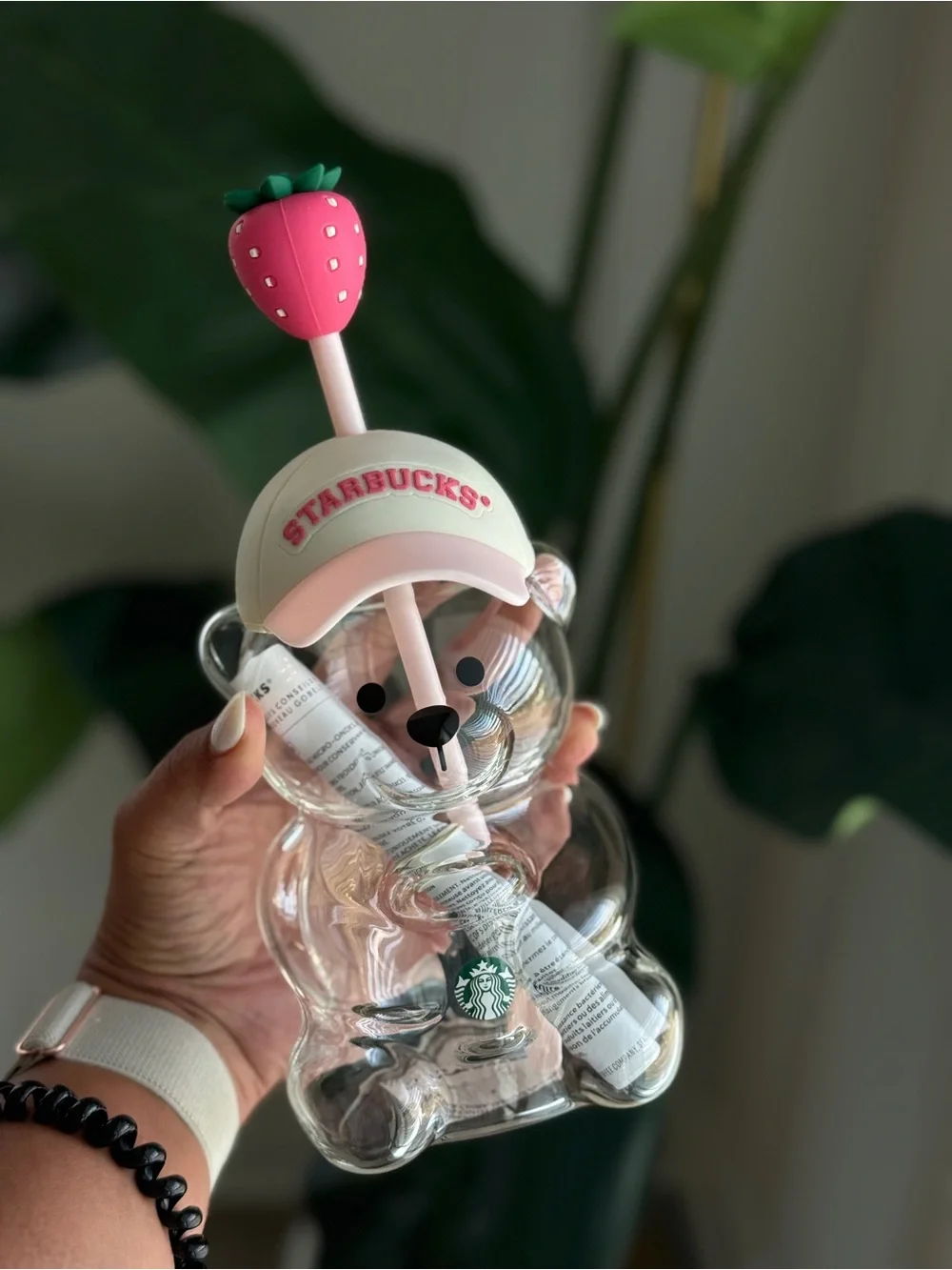 Starbucks Pink Bearista Glass Cup Strawberry Straw